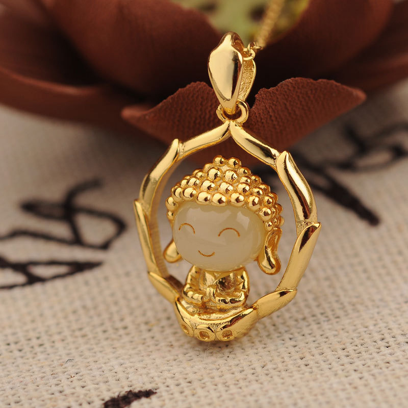 小佛头s925纯银镶嵌和田玉白玉吊坠佛公宝宝佛锁骨链吊坠