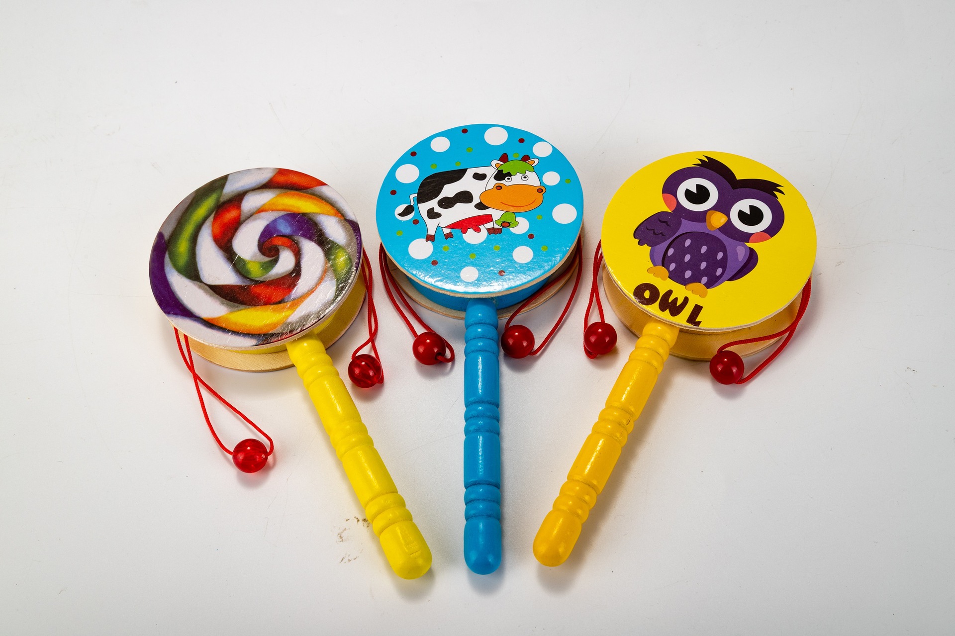 木制婴幼儿童卡通拨浪鼓传统早教木质波浪鼓玩具木质婴儿音乐玩具