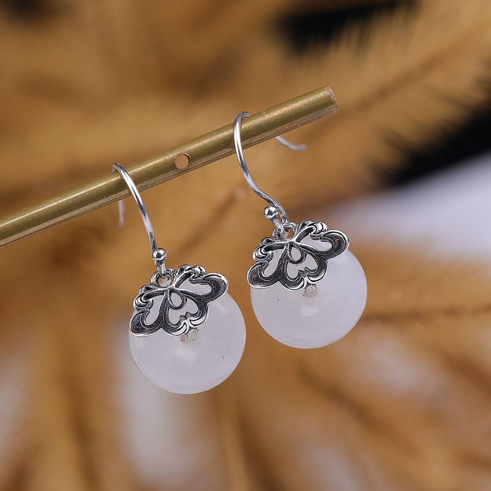 s925银复古 和田玉白玉平安扣耳钩耳饰