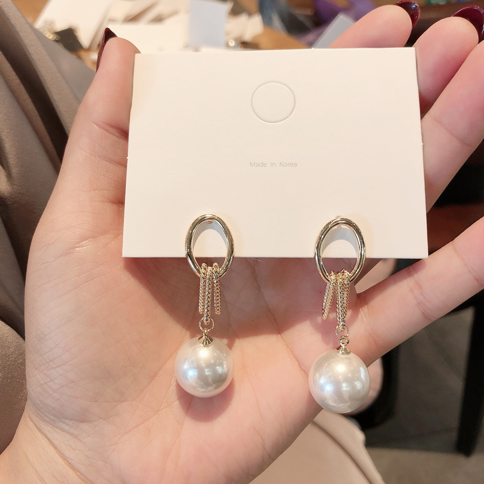 s925银针韩国东大门镀金纽扣优雅大珍珠吊坠耳环时尚气质耳钉耳饰
