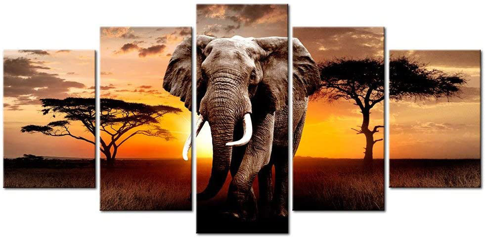 大象草原黄昏风景五联画钻石画