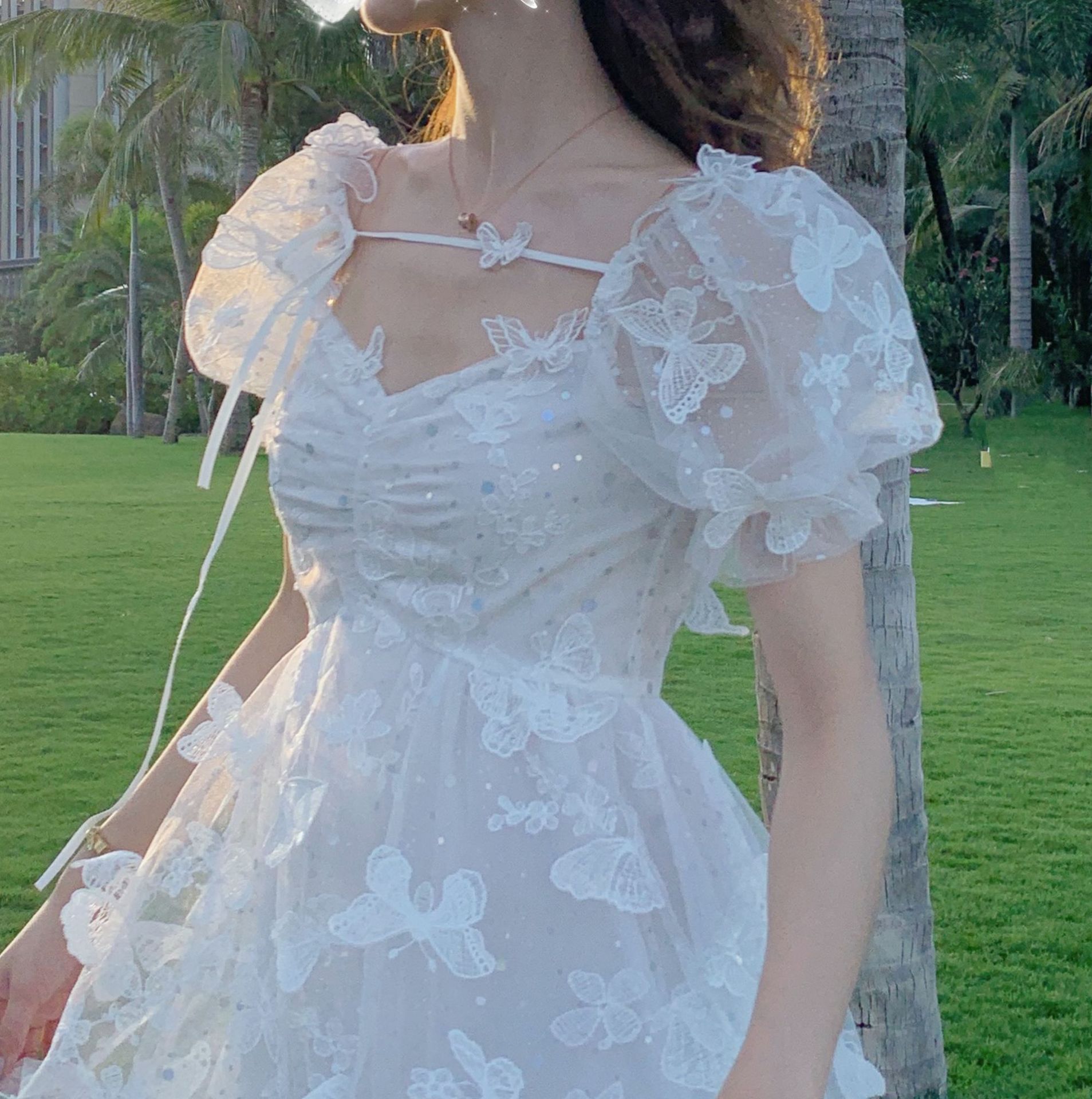 2022夏季公主裙蝴蝶裙网纱裙可甜可盐泡泡袖v领连衣裙小个子9196