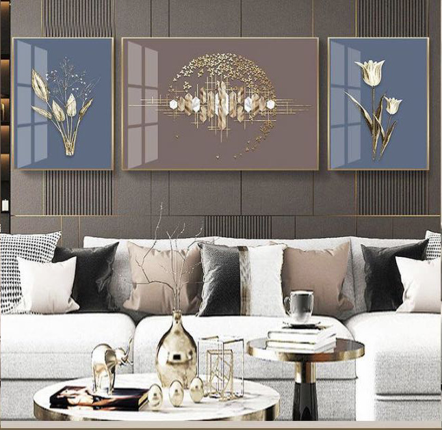 客厅装饰画新中式晶瓷镶钻三联画沙发背景墙挂画轻奢大气北欧风格