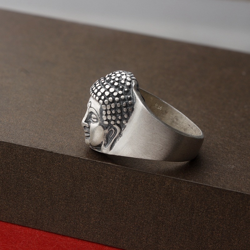 黑泰银饰 990足银佛教佛头戒指男女百搭 复古哑光纯银指环批发