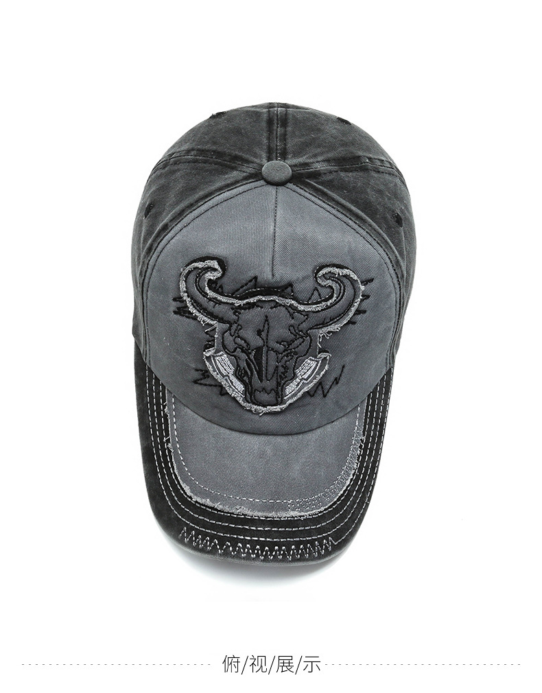 棒球帽男帽子遮阳帽复古水洗布做旧帽百搭街头潮刺绣牛头鸭舌帽女-阿