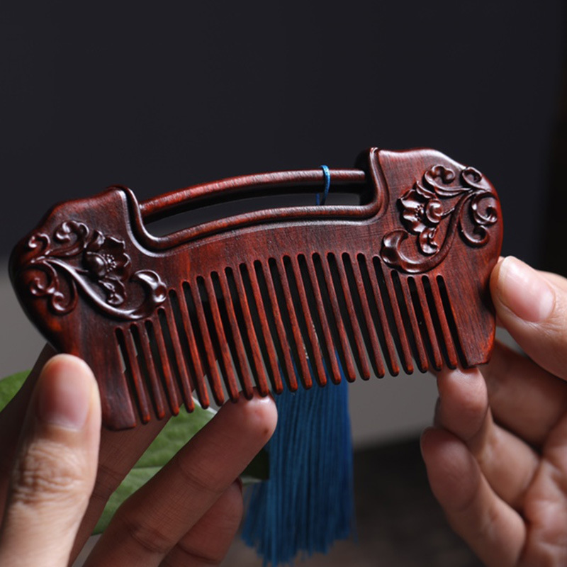 小叶紫檀雕花木梳紫檀双面雕如意锁梳子古典木梳批发可定制名字