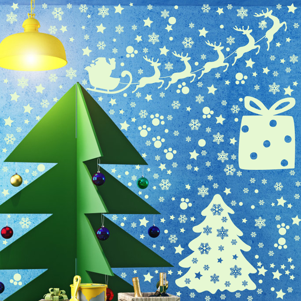 夜光圣诞节墙贴4小时发光 afg3352精雕蓝色圣诞节装饰夜光贴纸