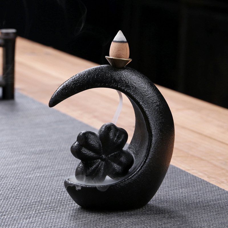 幸运草倒流香炉 创意摆件禅意香座檀香炉 现代简约黑色陶瓷熏香炉