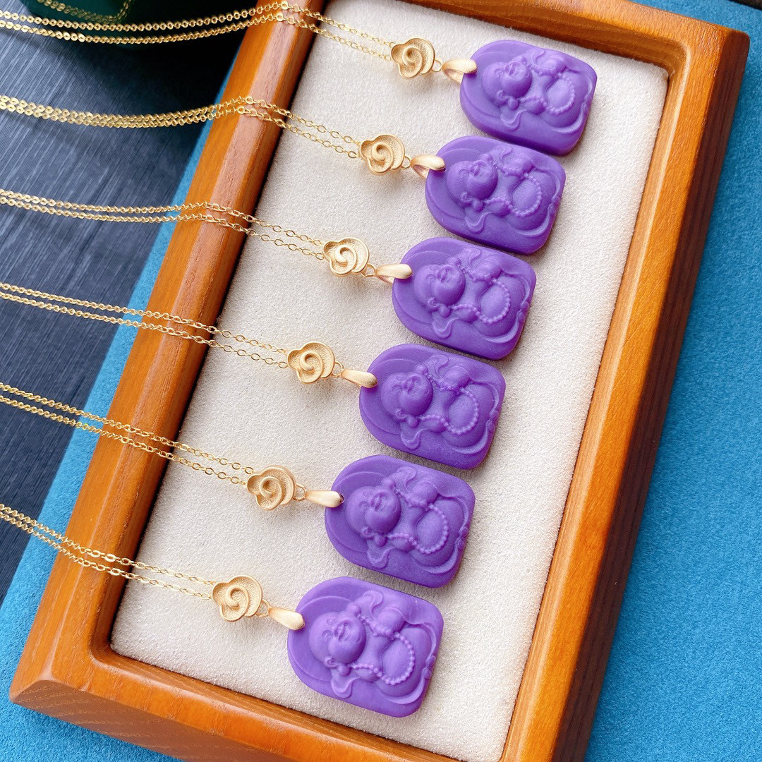 s925纯银天然紫云母佛公吊坠古法金镶嵌雕刻弥勒佛紫云母项链套链