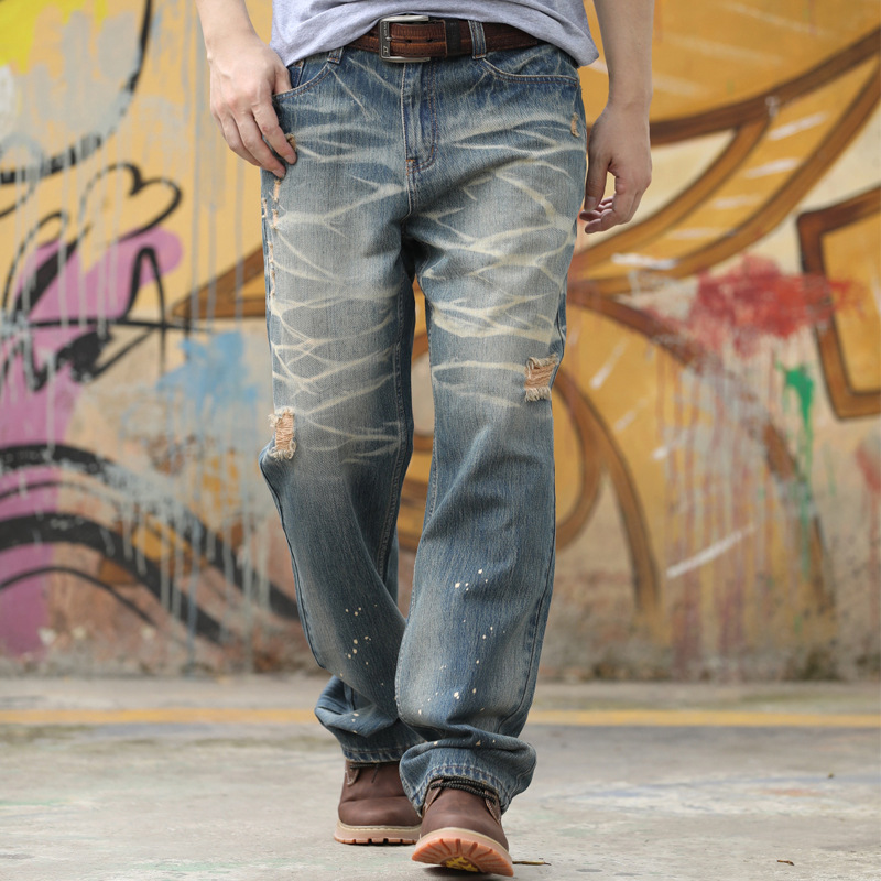 930男牛仔裤 秋季直筒宽松复古百搭男裤 加肥加大码破洞长裤潮流