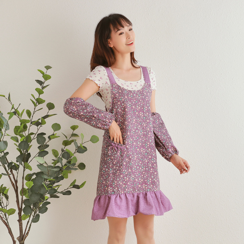 韩式碎花围裙女时尚家用厨房半防水防油可爱花边涤棉布做饭围裙