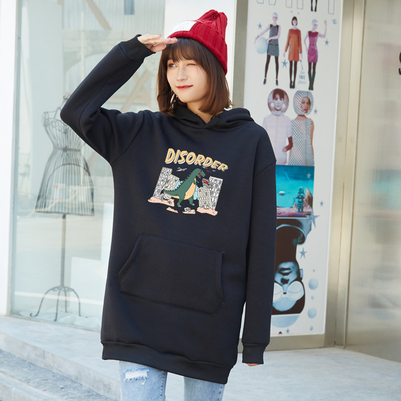 实拍新款中长款连帽卫衣女秋冬季加绒宽松套头学生服百搭p660