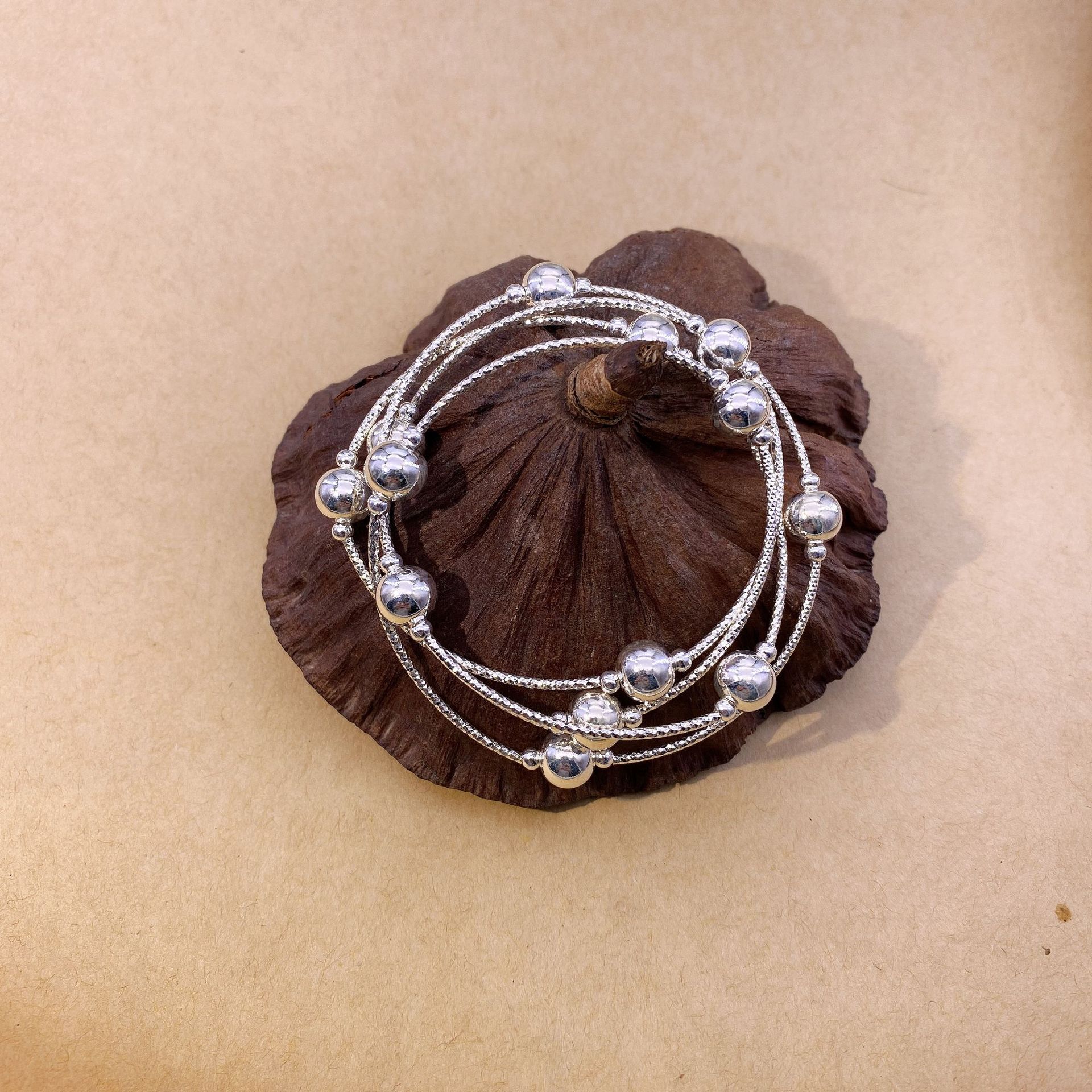 s925纯银车花弯管小球银珠子手链三圈银珠简约多圈原创diy串珠款