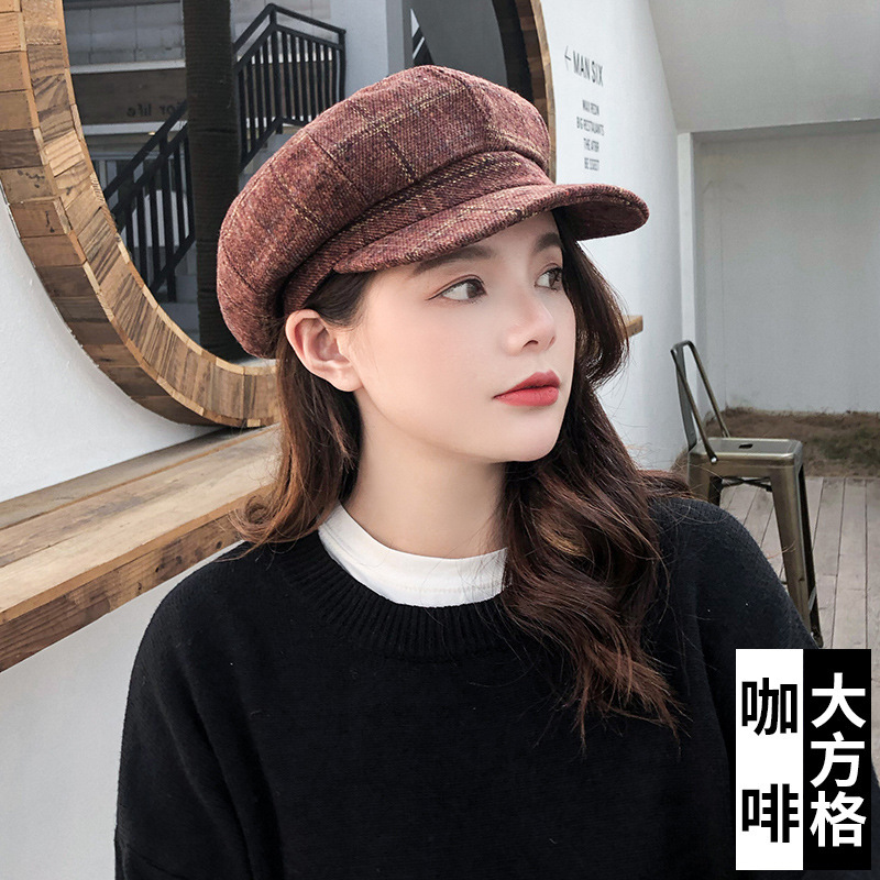 Korean Style Retro Artistic Octagonal Cap Autumn and Winter Men and Women Couple Fashion Casual Versatile Lattice Beret Factory Wholesale