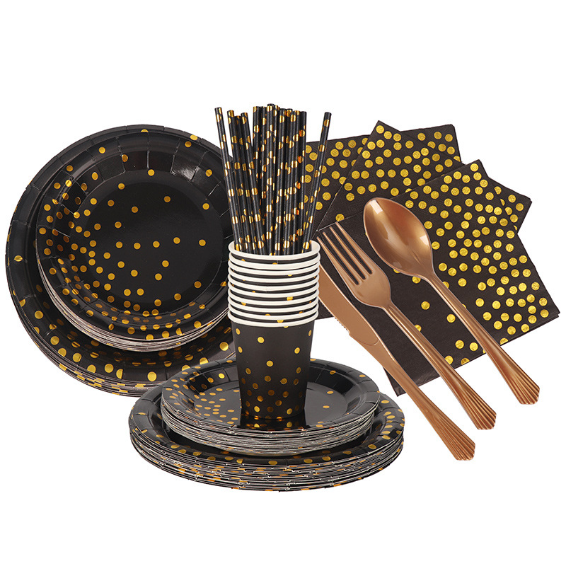 跨境热卖黑色半边烫金圆点纸质套装餐具刀叉勺套装可换搭配