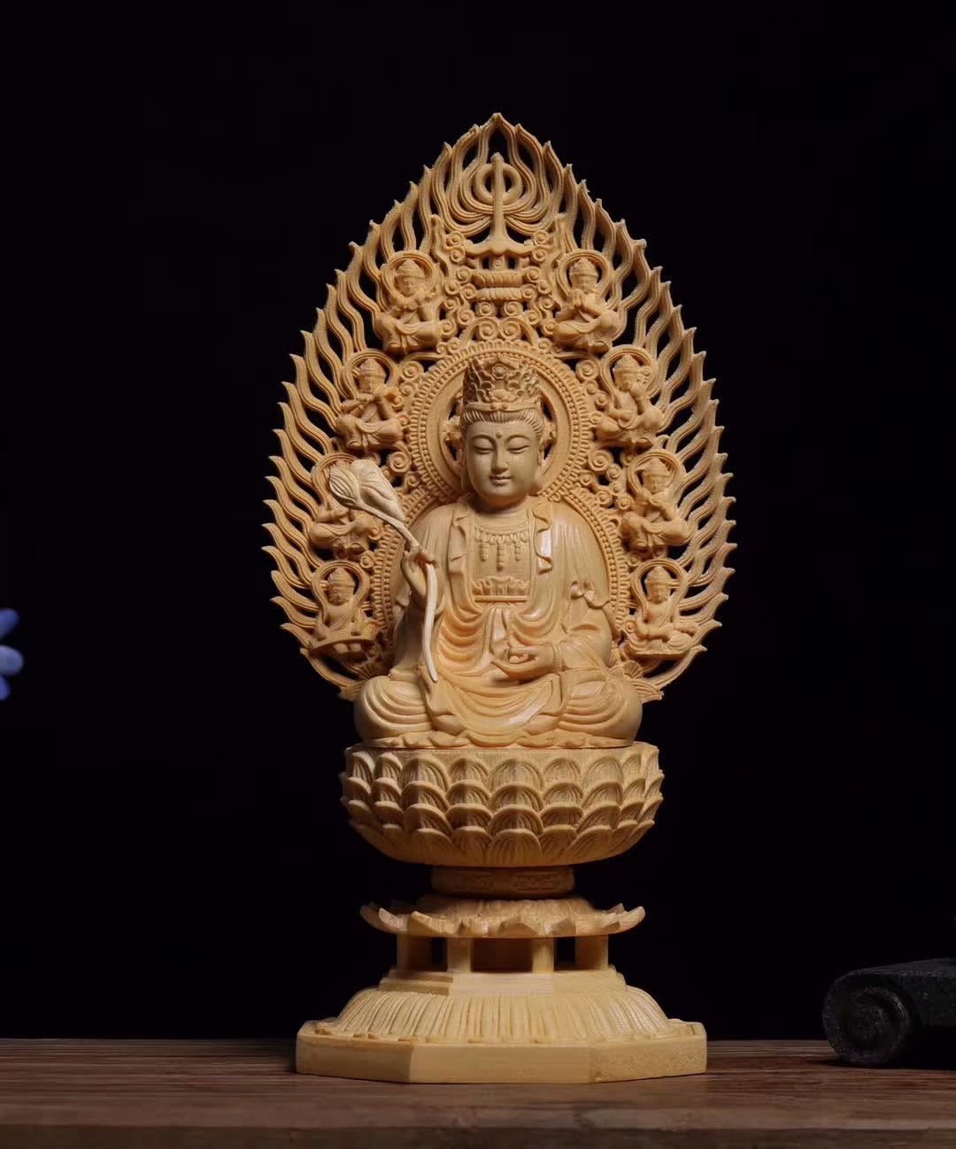 桧木实木雕刻坐莲花台大势至菩萨人物佛像神像摆件供奉木质工艺品