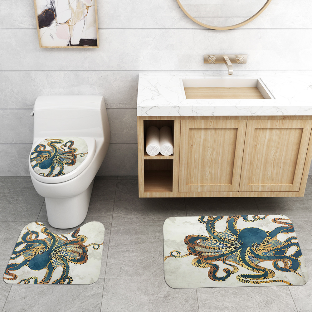 Foreign Trade New Blue Octopus Printing Toilet Floor Mat Shower Curtain Four-Piece Bathroom Carpet Set Cross-Border Hot Sale