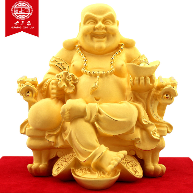 弥勒佛摆件 绒沙金礼品 家居玄关台寺庙佛堂供奉黄金佛像摆台定做