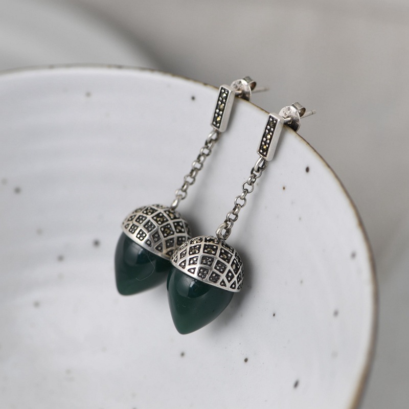 金鹿王 s925银镶嵌绿玛瑙银挂坠耳坠批发 女款马克赛