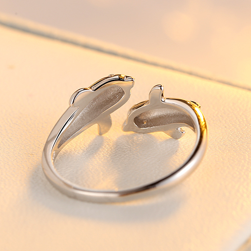 925银海豚戒指开口女戒小动物 浪漫恋人 韩版学生可爱尾戒