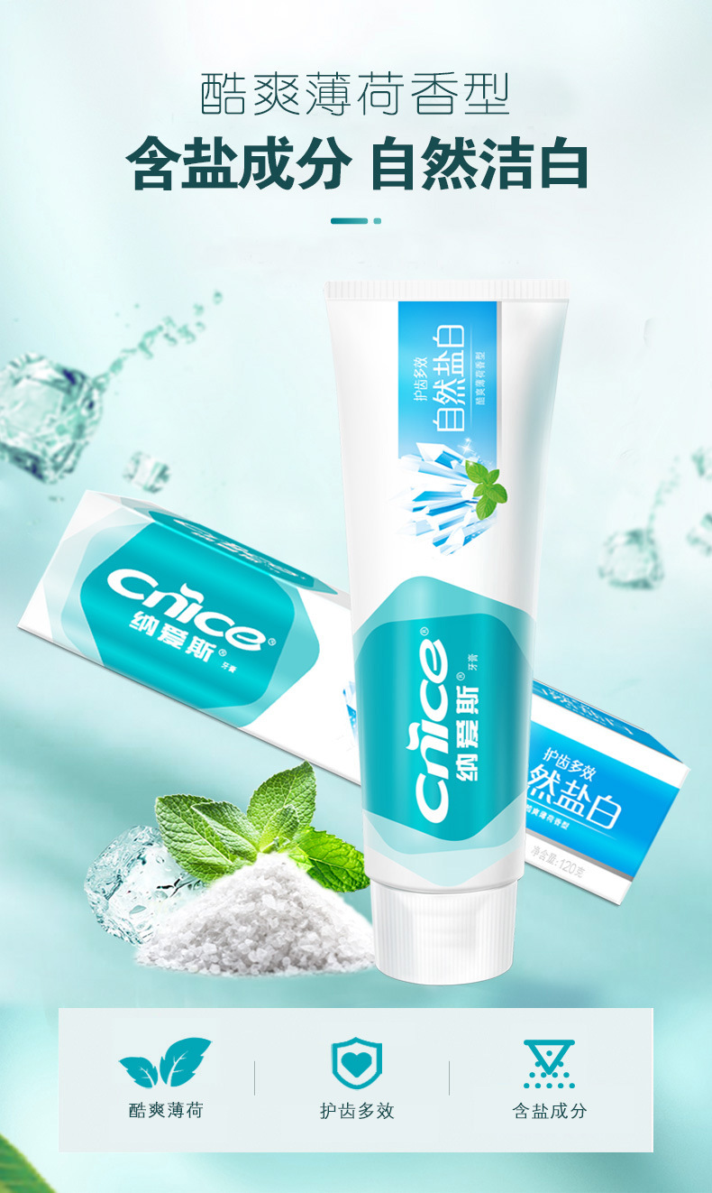 纳爱斯120g自然盐白清新鲜果清凉冰菊牙膏家庭装清新口气家用