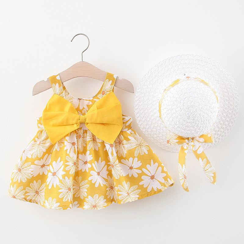 A749 Summer New Type Baby Girl Vest Dress Princess Dress 1234-Year-Old Chest Big Bow Floral Dress with Hat