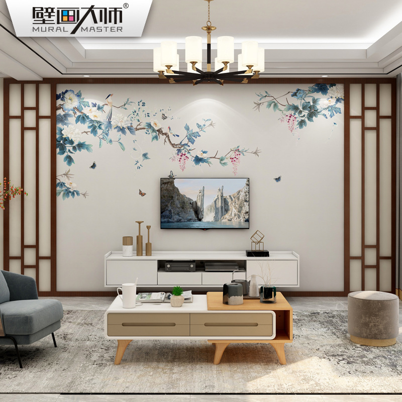 客厅花鸟壁布新中式电视背景墙壁纸沙发影视墙无缝墙布清新壁画3d