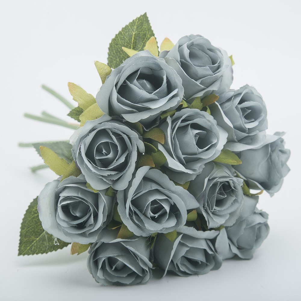 新品韩式仿真蓝灰色12头玫瑰小把束婚礼手捧玫瑰酒店家装仿真假花