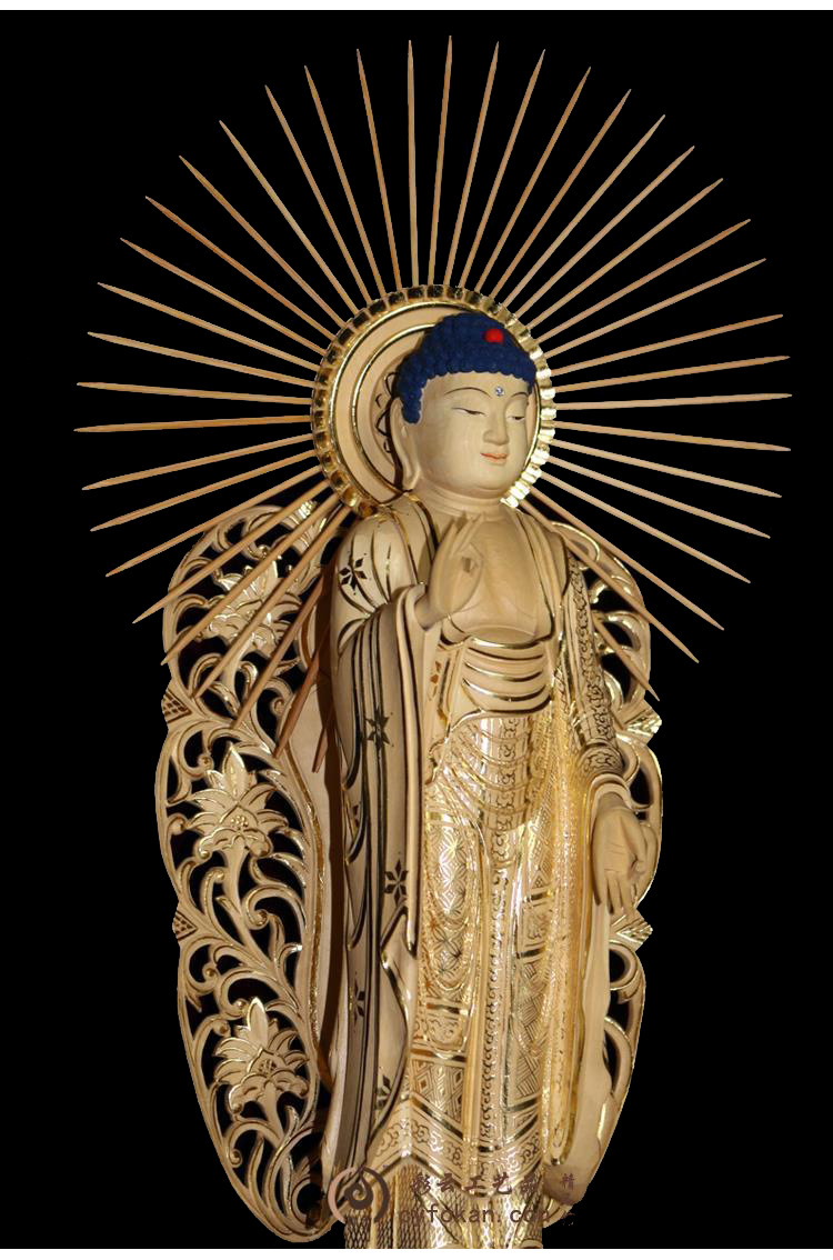 9寸立弥陀佛像阿弥陀佛 手工雕刻 贴金箔黄杨木家庭供奉菩萨摆件