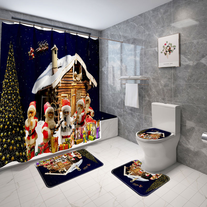 Foreign Trade Cartoon Santa Claus Printed Waterproof Shower Curtain Four-Piece Non-Slip Toilet Carpet Set for Bathroom