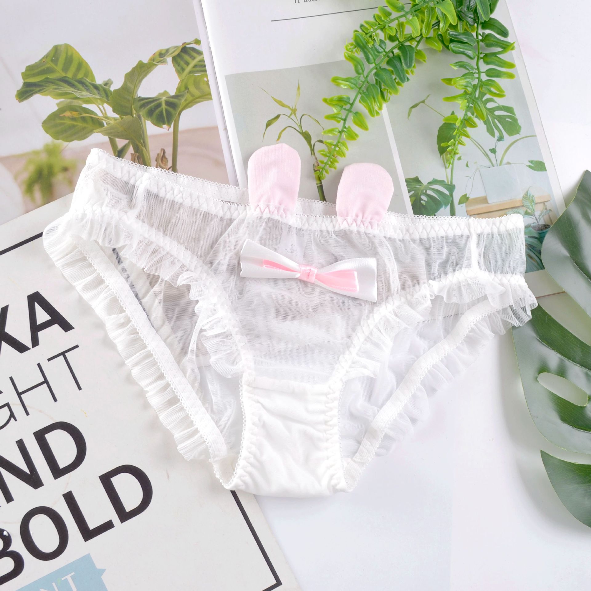 日系可爱兔子耳朵少女风牛奶丝蝴蝶结低腰内裤女士三角裤卡哇伊