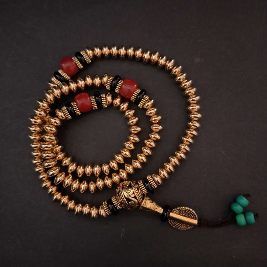 复古108颗纯铜黄铜元片尼泊尔铜珠项链佛珠念珠手链一件代发