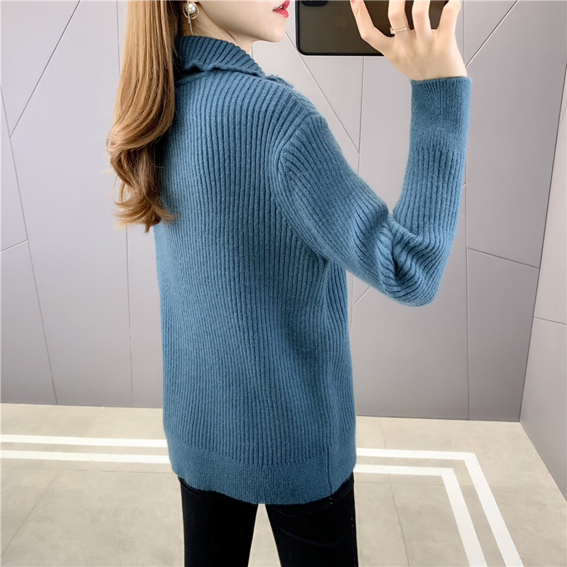 秋冬加厚韩版复古拉链半开大翻领毛衣女洋气套头针织衫宽松外套潮