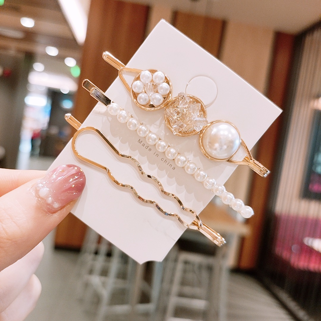 Siteng Same Pearl Barrettes Korean Style Dongdaemun Women's Rhinestone One-Word Hairpin Temperament Student Side Clip Hair Accessories