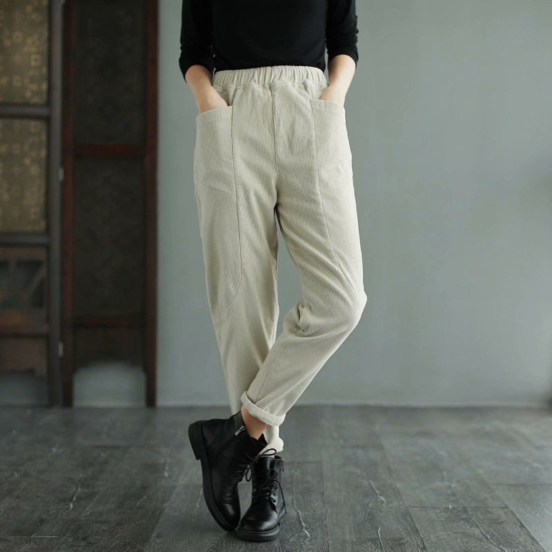 2021年秋冬装 日系加厚灯芯绒休闲长裤女宽松显瘦条绒裤松紧腰