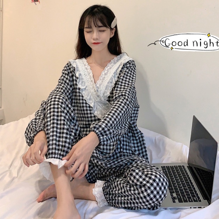 韩国ins女装秋冬韩版时尚甜美蕾丝花边格子系带宽松睡衣家居服