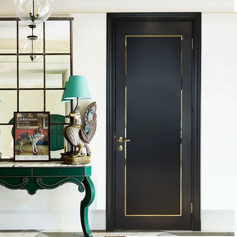 德悦订制黑色实木门卧室房门新中式轻奢金属条室内门民宿烤漆门