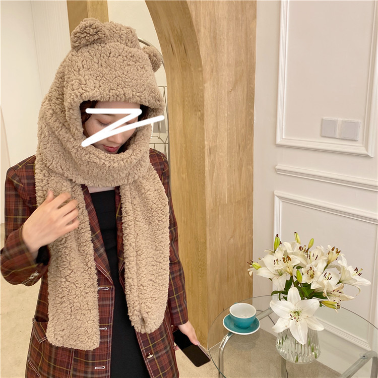 jennie同款小熊耳朵围巾一体帽秋冬可爱毛绒绒羊羔绒保暖围脖