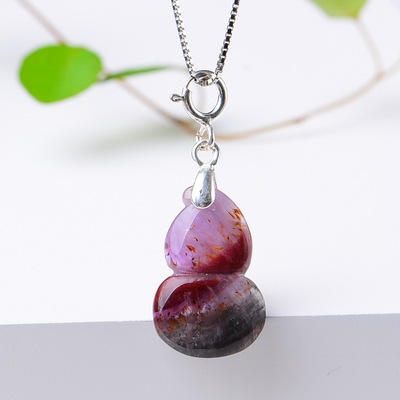 天然极光23能量水晶吊坠手工雕刻葫芦(福禄)吊坠s925银锁骨链