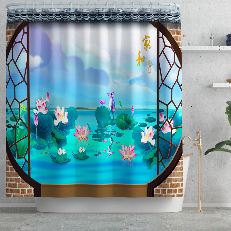 Cross-Border New Arrival Window Coffin Pansy Printed Waterproof Shower Curtain Household Carpet Four-Piece Building Series Drawing DIY