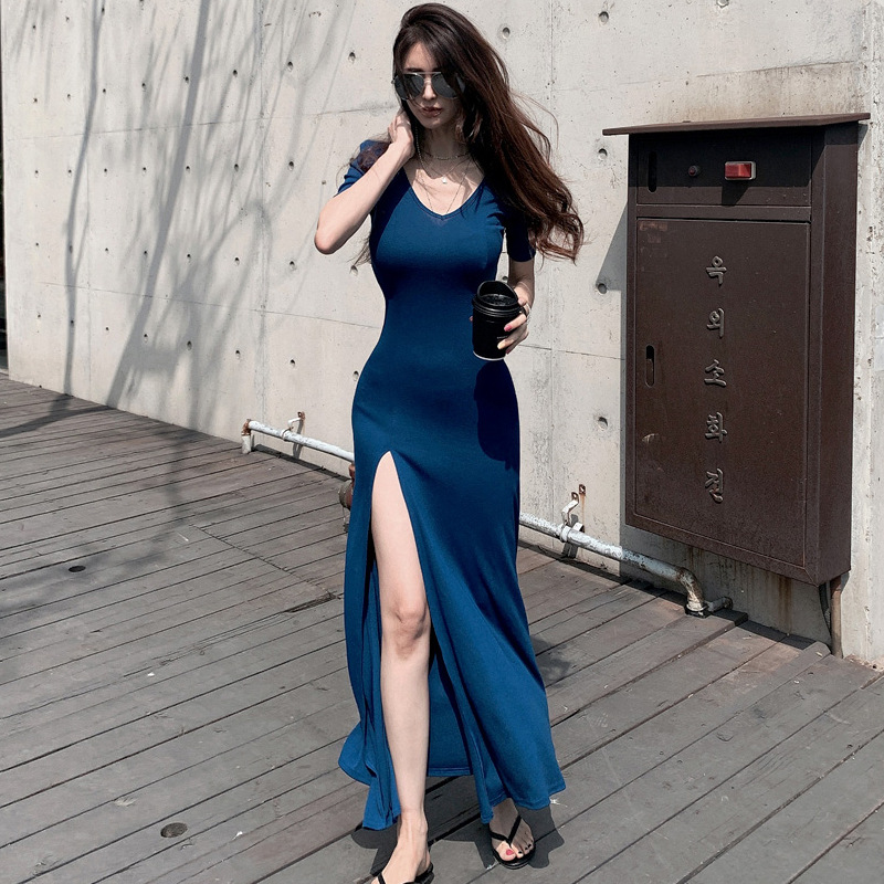 韩版夏装新款性感深v领高开叉莫代尔棉中长款连衣裙女
