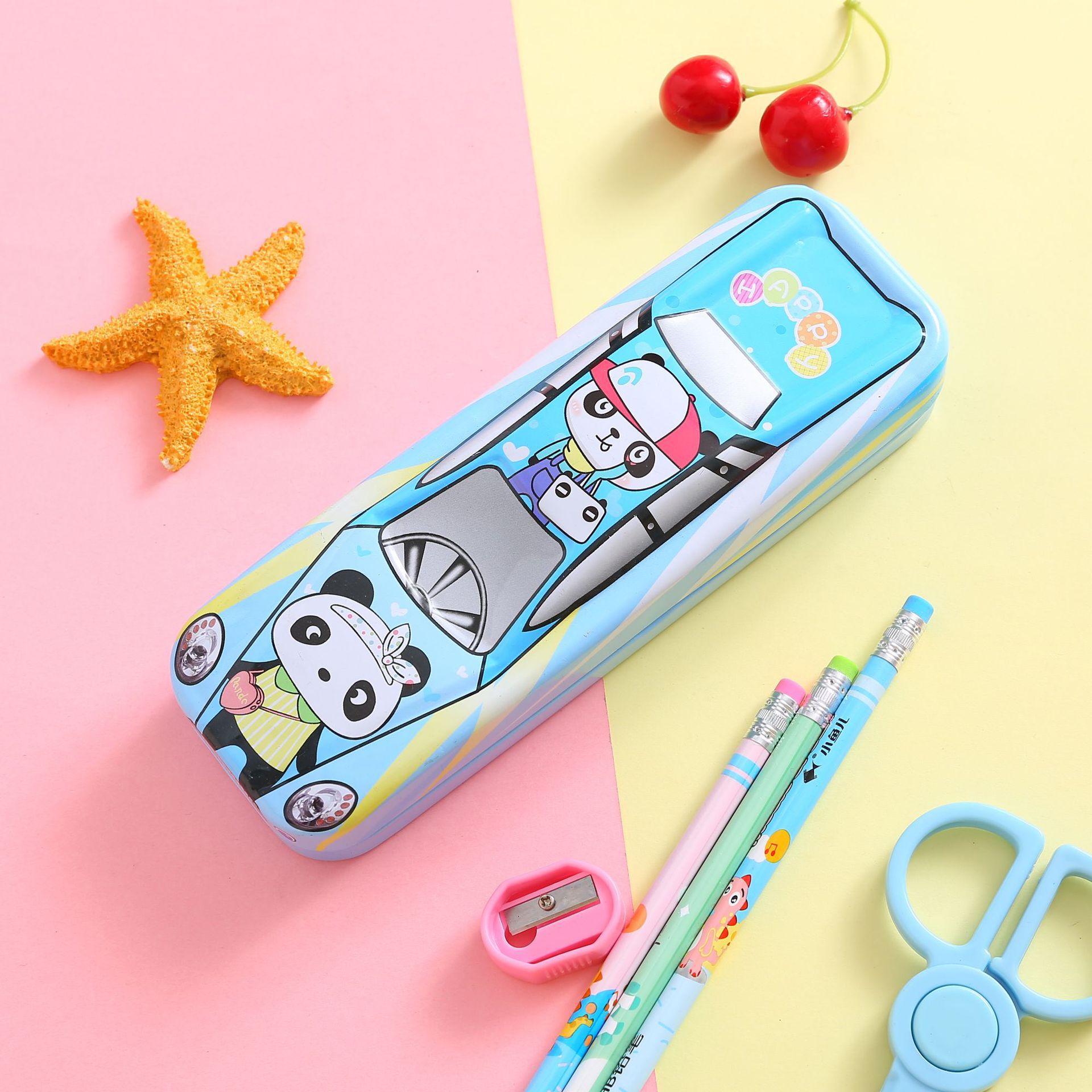 可爱卡通熊猫马口铁文具盒创意小汽车铅笔盒儿童双层笔盒礼物礼品