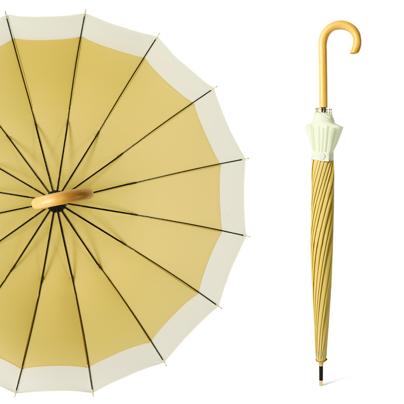16-Bone Long Handle Umbrella Japanese and Korean Small Fresh Large Umbrella Straight Rod Curved Wood Handle Sunny Umbrella Color Matching Long Umbrella