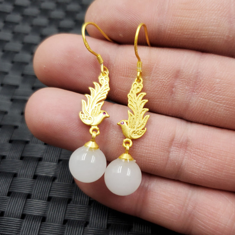 玉石新疆和田白玉圆珠耳环金丝玉镶嵚凤耳环电镀金耳环玉耳坠