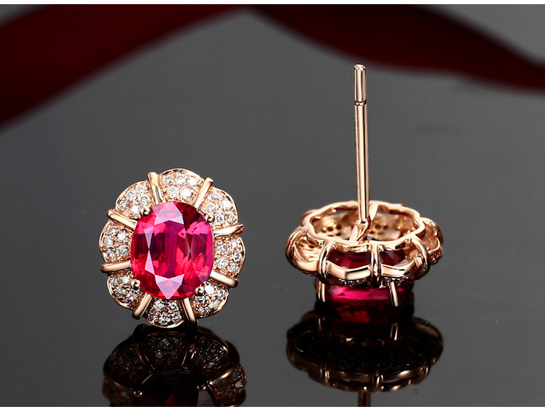 徇烂镀18k金镶红宝石耳钉耳饰 满钻花卉蛋形钻钻石耳钉红碧玺耳钉