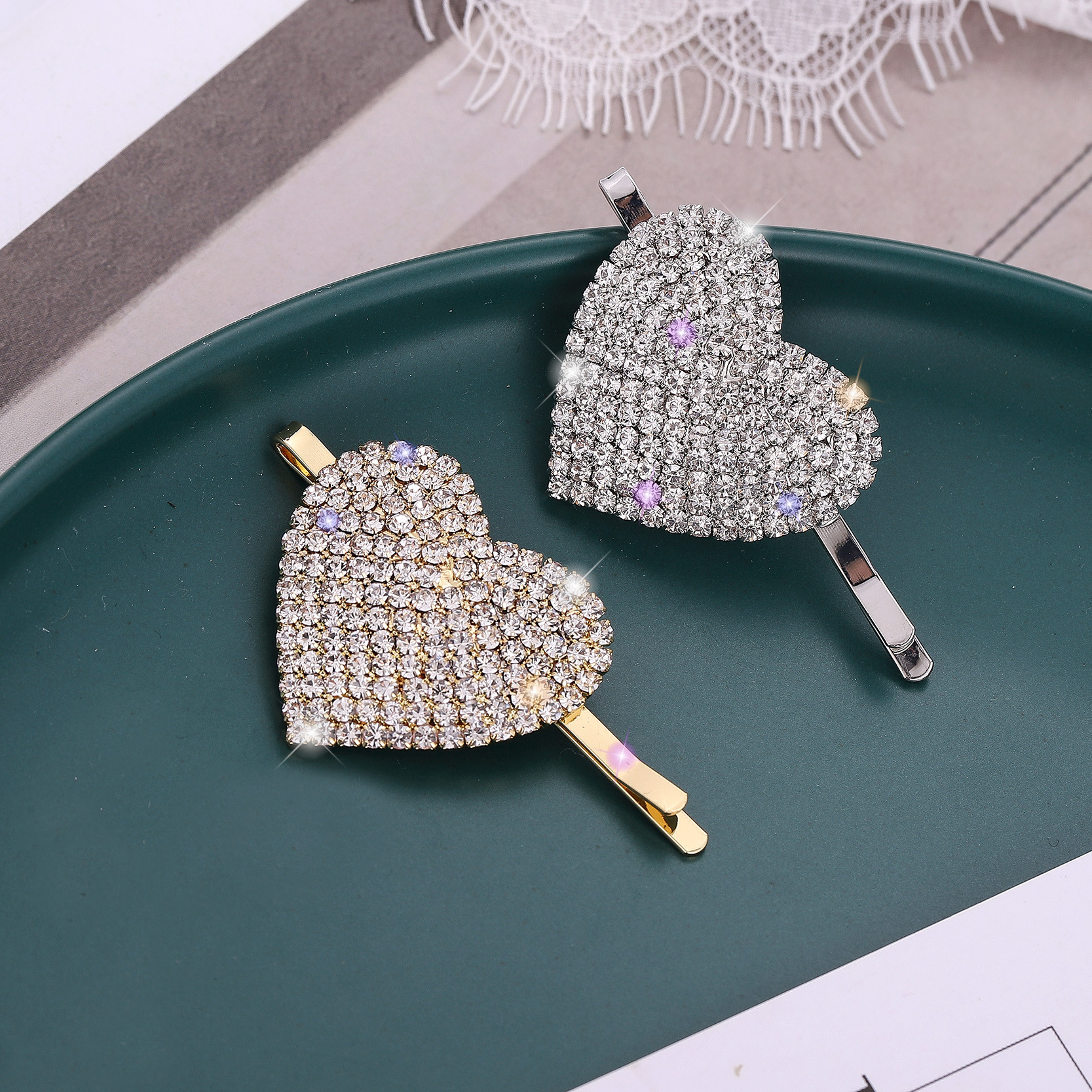 韩版个性满钻桃心发夹立体爱心发夹 超仙心形甜美边夹 发饰发卡女