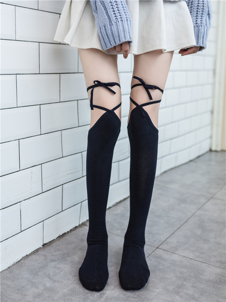 易趣洛丽塔中高筒丝袜学生袜可爱个性交叉绑带过膝袜子长筒女日系