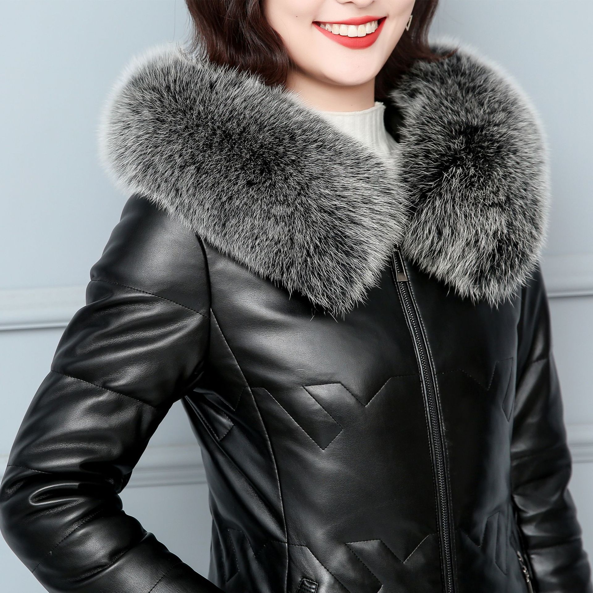 2020冬季大码海宁绵羊皮真皮羽绒服女式过膝中长款加厚羽绒外套潮