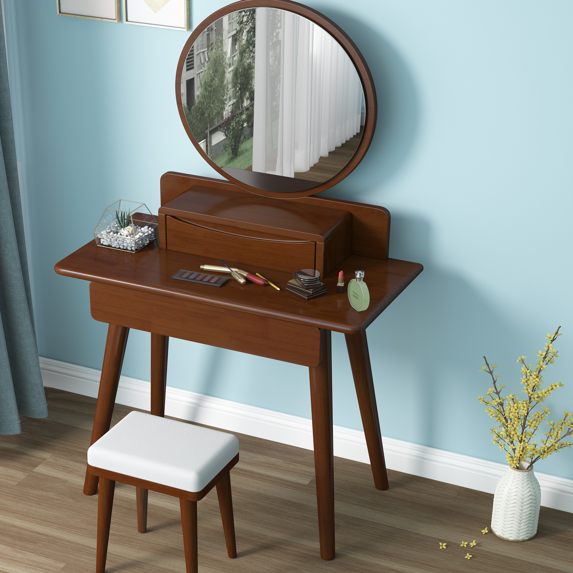 北欧妆台小户型梳妆台卧室收纳化妆桌纯实木桌子橡木妆台妆凳组合