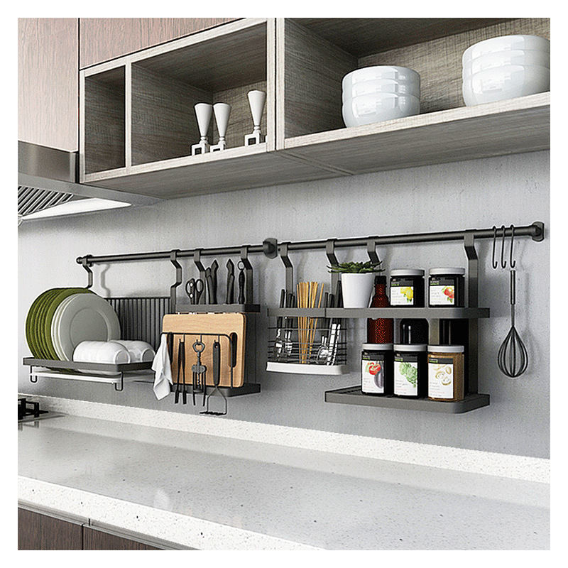 不锈钢黑色厨房置物架壁挂式收纳架墙上墙壁挂架五金挂件挂杆挂钩